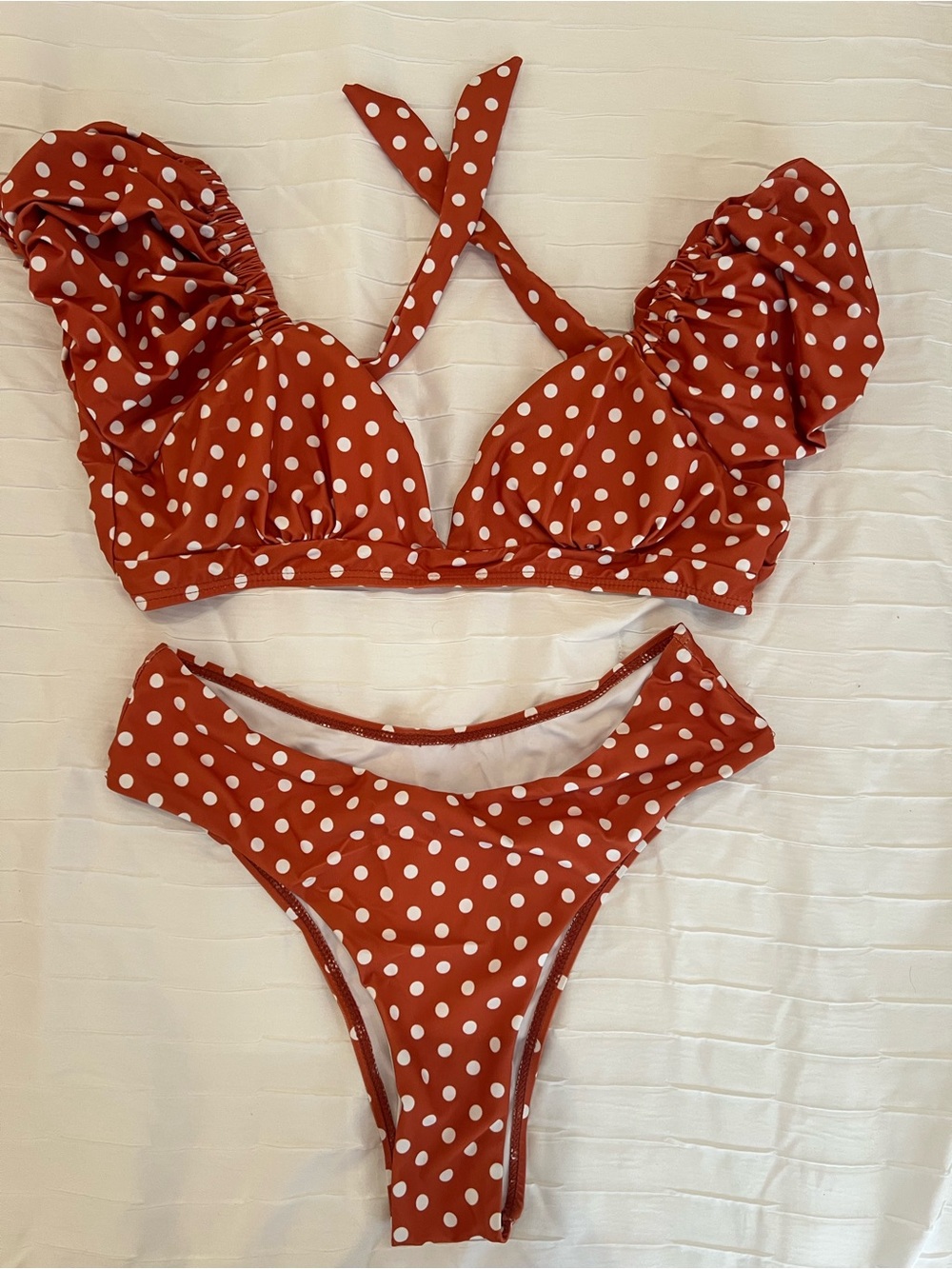 Rust Orange Red Polka Dot Ruffle Bikini Set High Rise Ruffle Sleeve Size small
